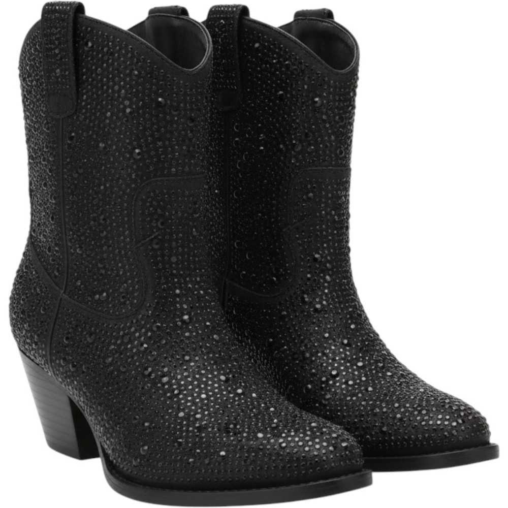 Sheila Women Black Rhinestone Western Cowboy Boots Pointed Toe Block Heel Size 9